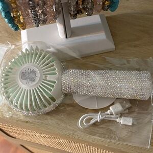 Crystal Rhinestone Portable Handheld Fan - White/Iridescent
